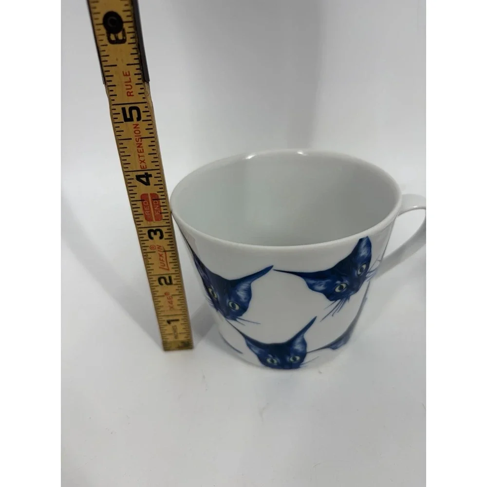 IKEA Katie Eary Designer Blue Cat Faces Breakfast Tea Cup & Saucer Mug 2016